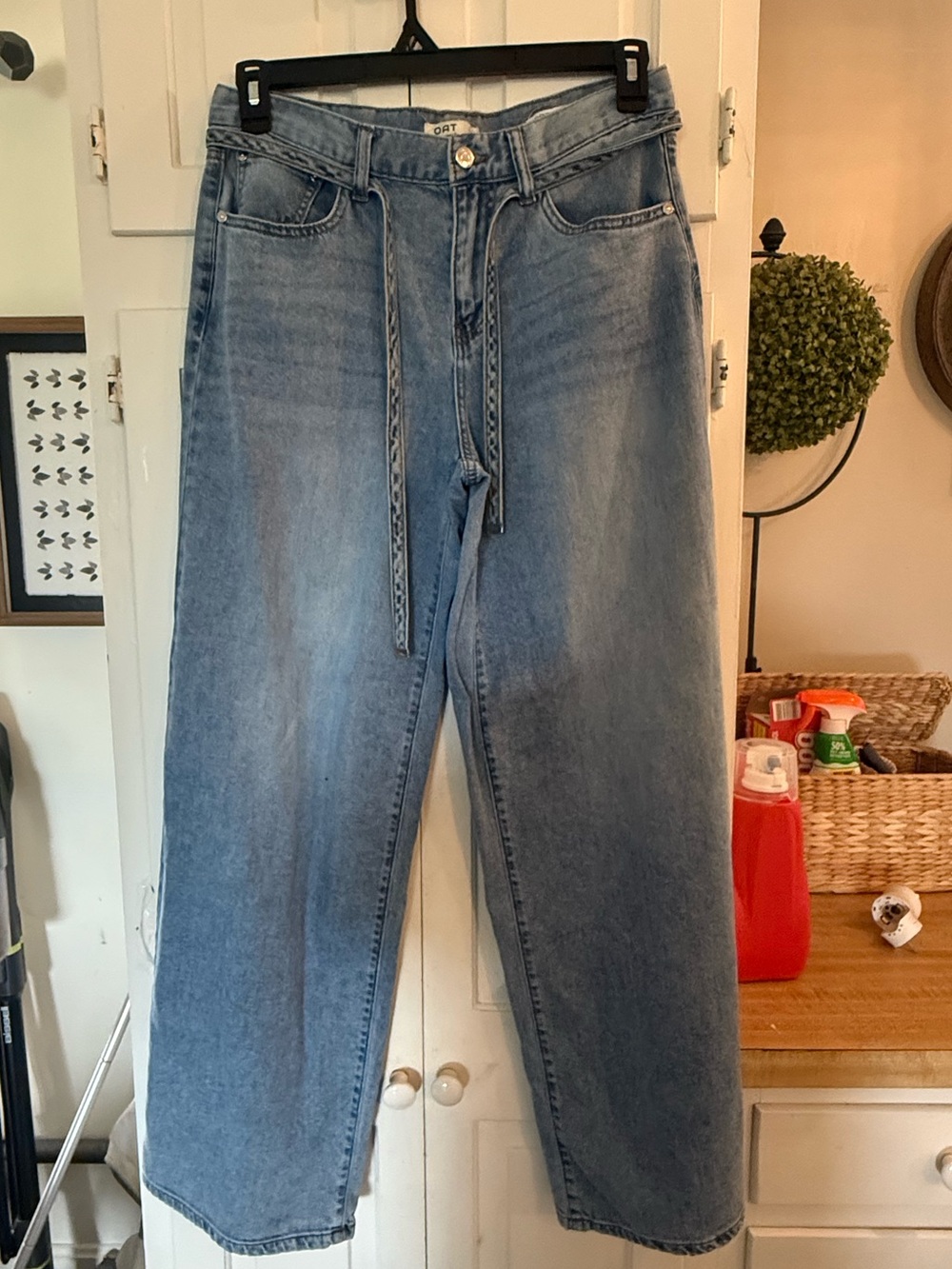 Mid-Rise Wide Leg Jeans with Belt Tie in Light Blue